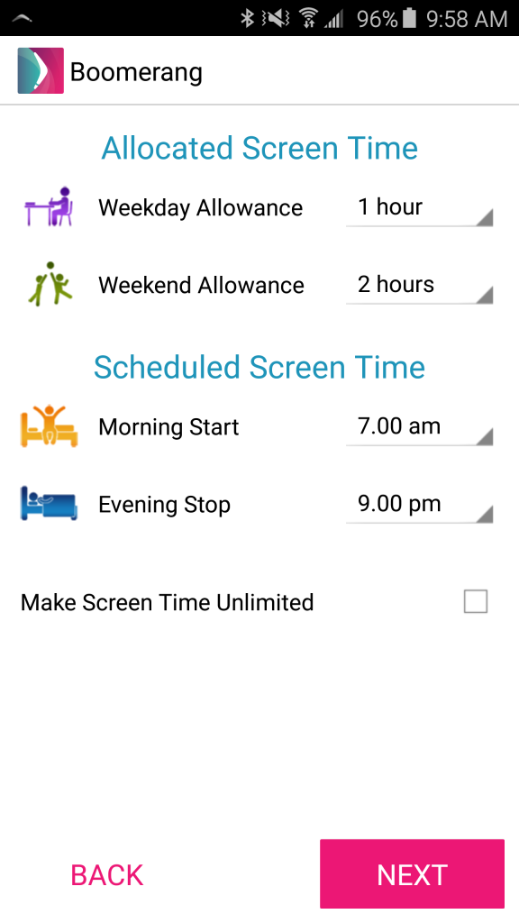 Boomerang's Screen Time settings