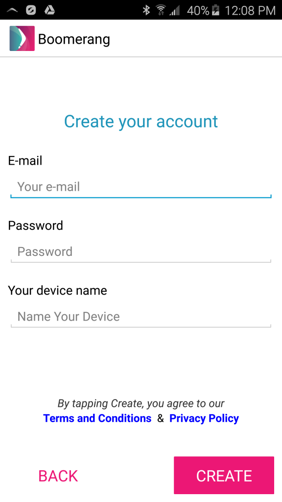 Boomerang's Create your account step