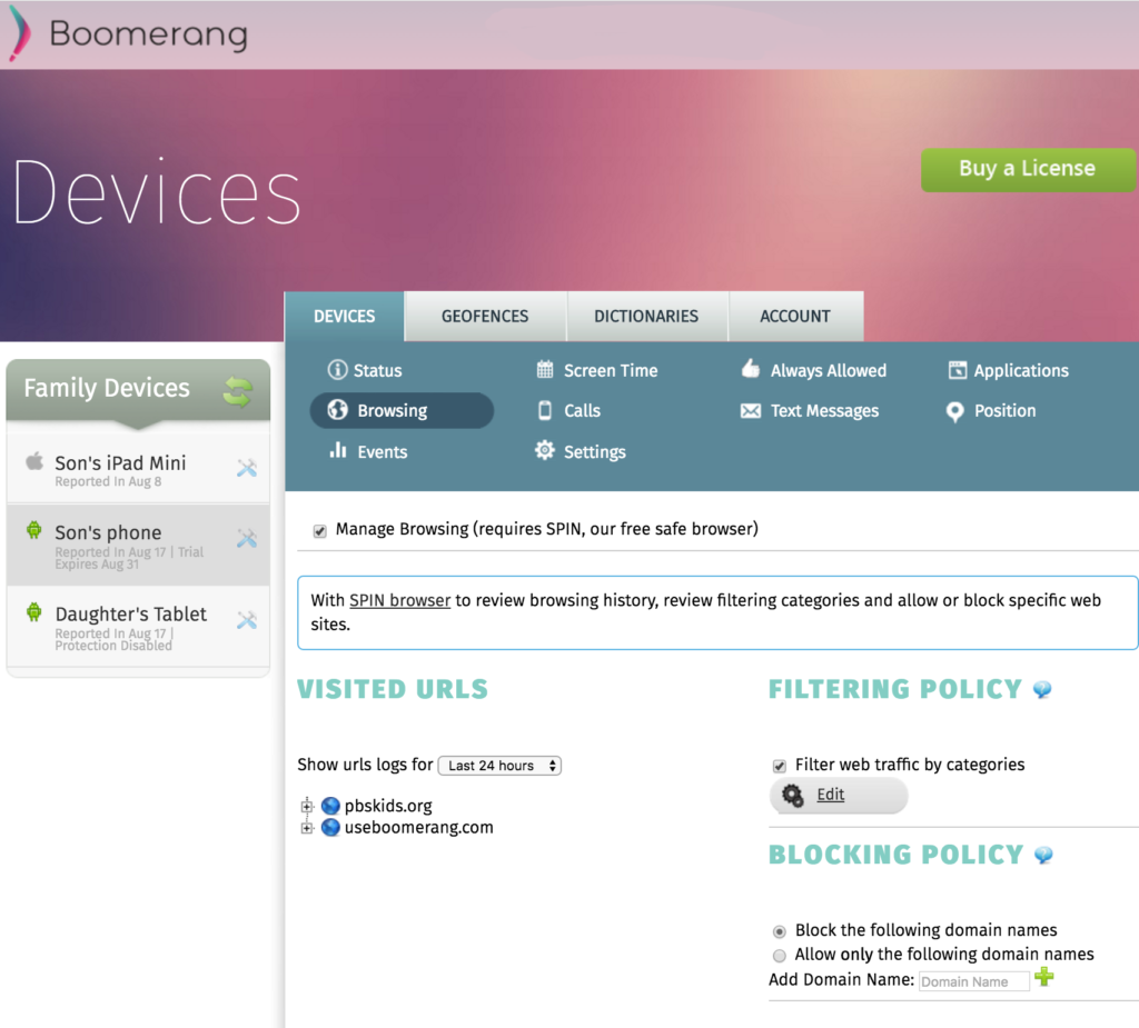 Boomerang Web Dashboard-Browsing tab